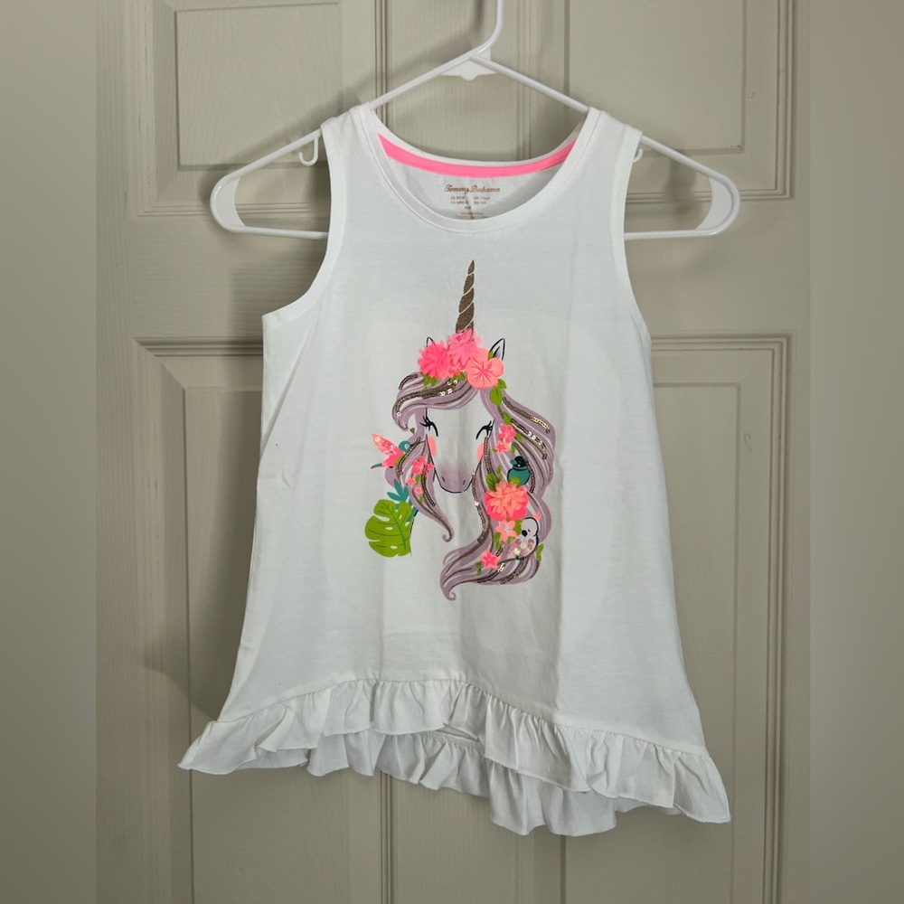Tommy Bahama Unicorn White Sleeveless Tee Ruffle trim Girls Small 7/8